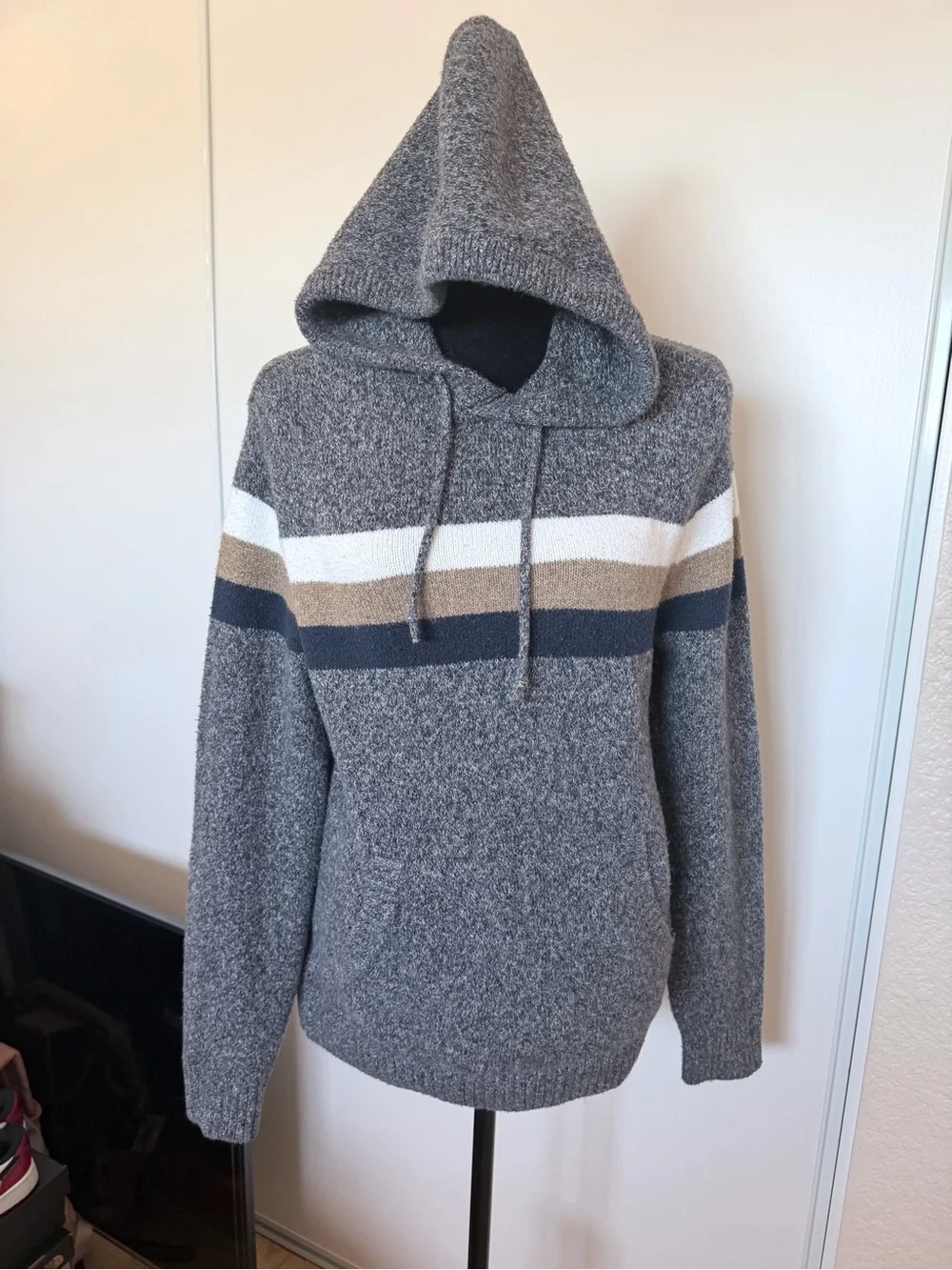Old Navy Gray Hooded Sweater with White, Tan & Navy Stripes